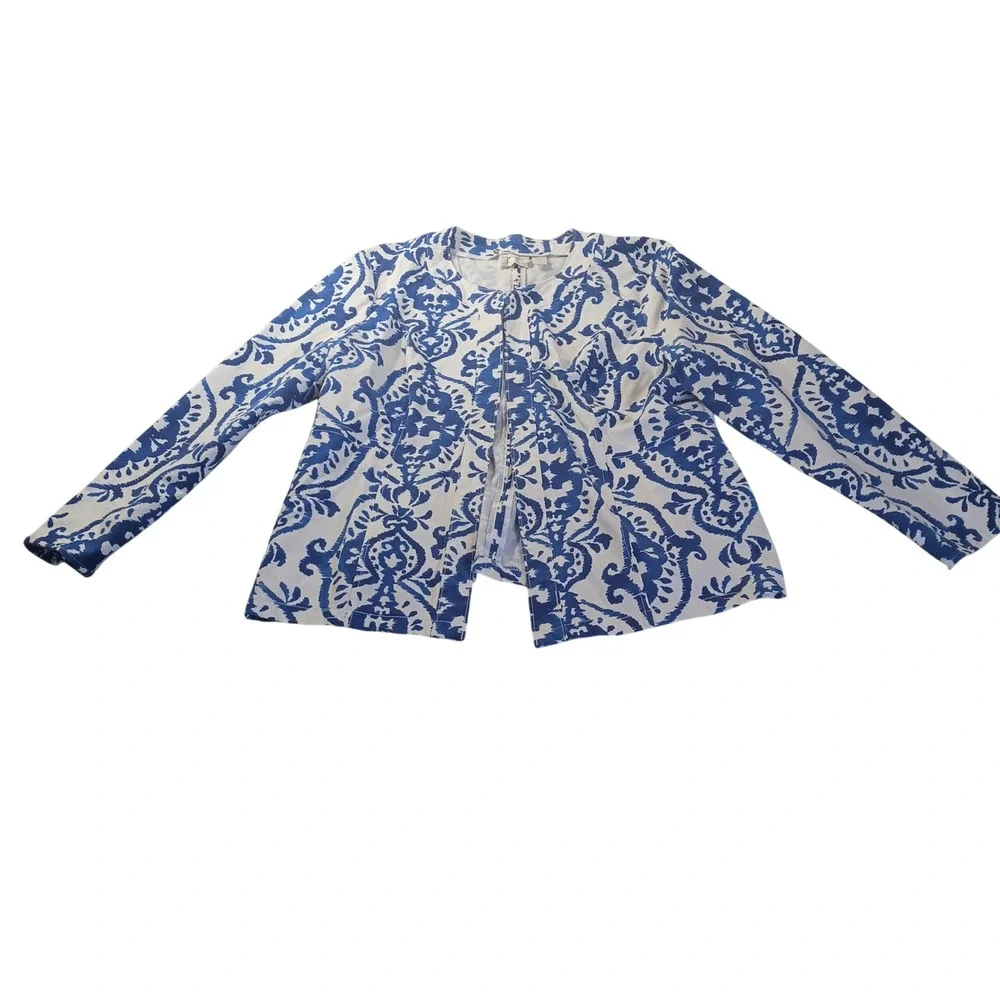 Chico's 3 (US 16) Hook Front‎ Jacket Blue White Damask Pattern READ Damask